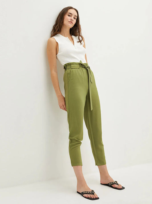 BELTED ELASTIC WASITED STRAIGHT FIT KHAKI TROUSERS