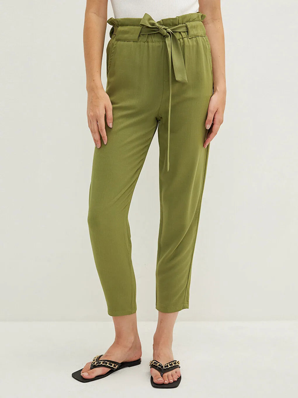 BELTED ELASTIC WASITED STRAIGHT FIT KHAKI TROUSERS