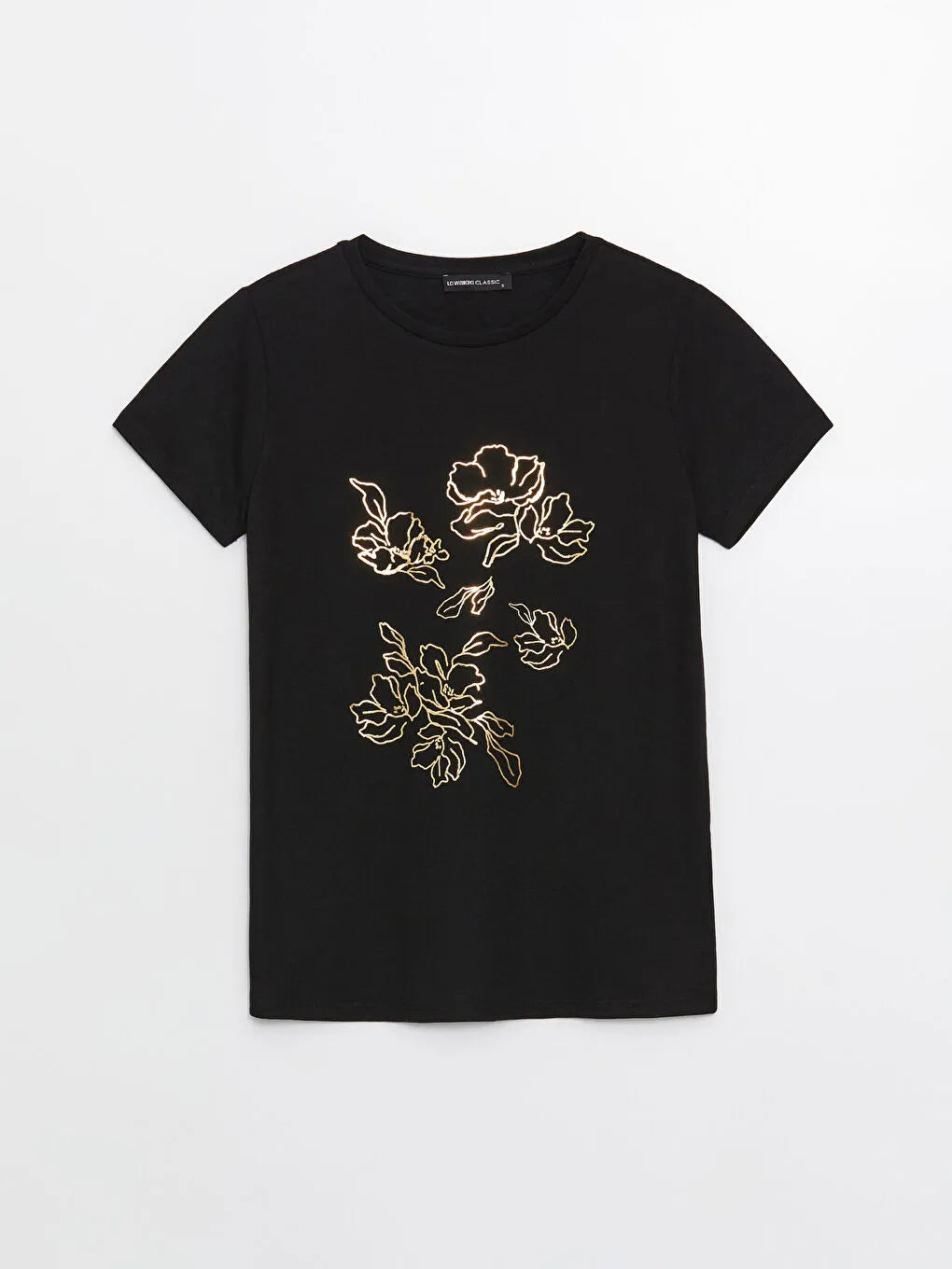 LAMINATED GOLD FLORAL ON A BLACK TEE