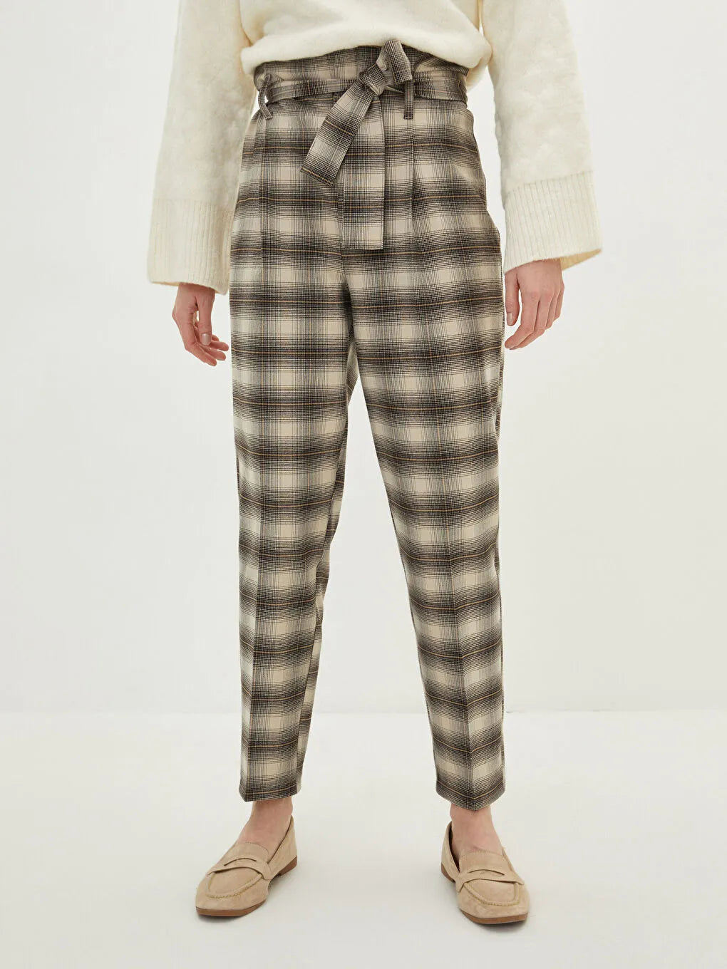 BELTED STRAIGHT FIT BEIGE PLAID PANTS