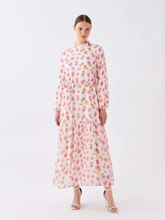 STAND-UP COLLAR PINK AND ORANGE FLORAL LONG DRESS