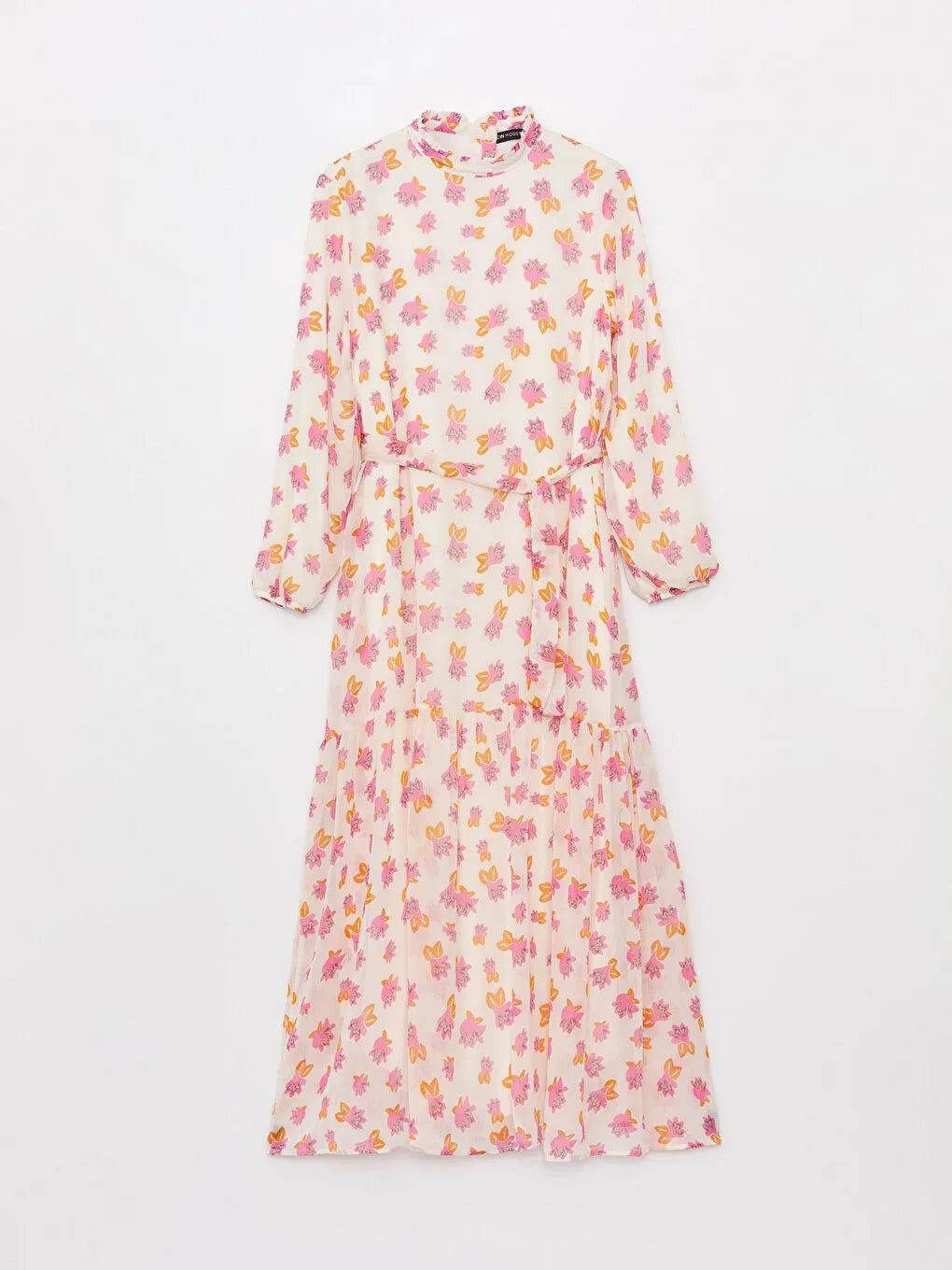 STAND-UP COLLAR PINK AND ORANGE FLORAL LONG DRESS
