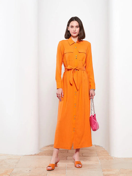 FRONT OPEN WITH POCKETS ORANGE BELTED DRESS