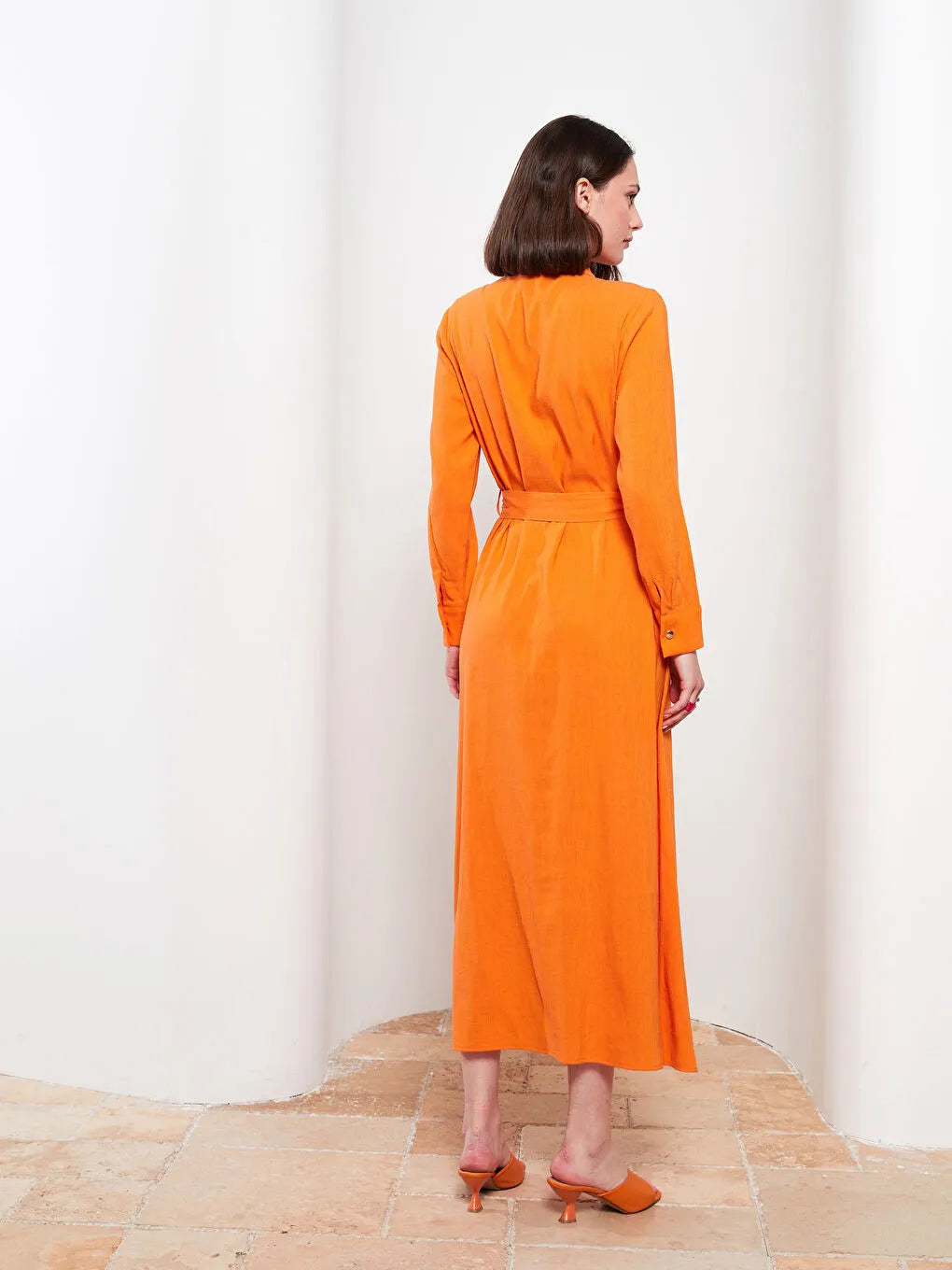FRONT OPEN WITH POCKETS ORANGE BELTED DRESS