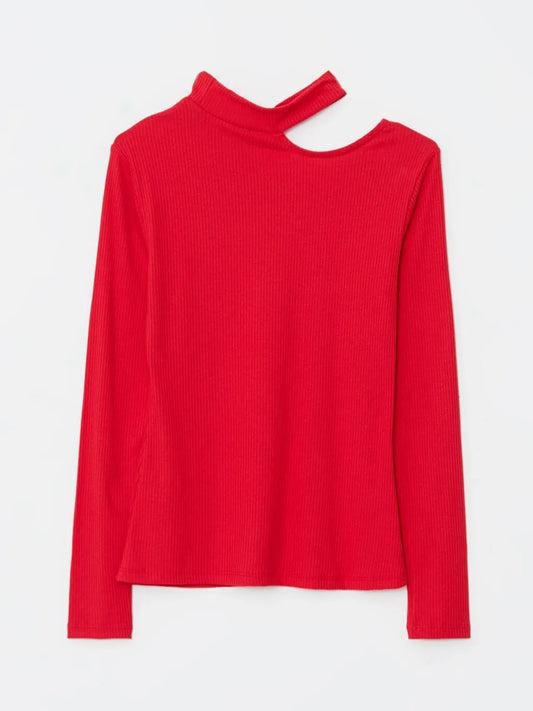 STAND UP COLLAR LONG SLEEVES RED TEE