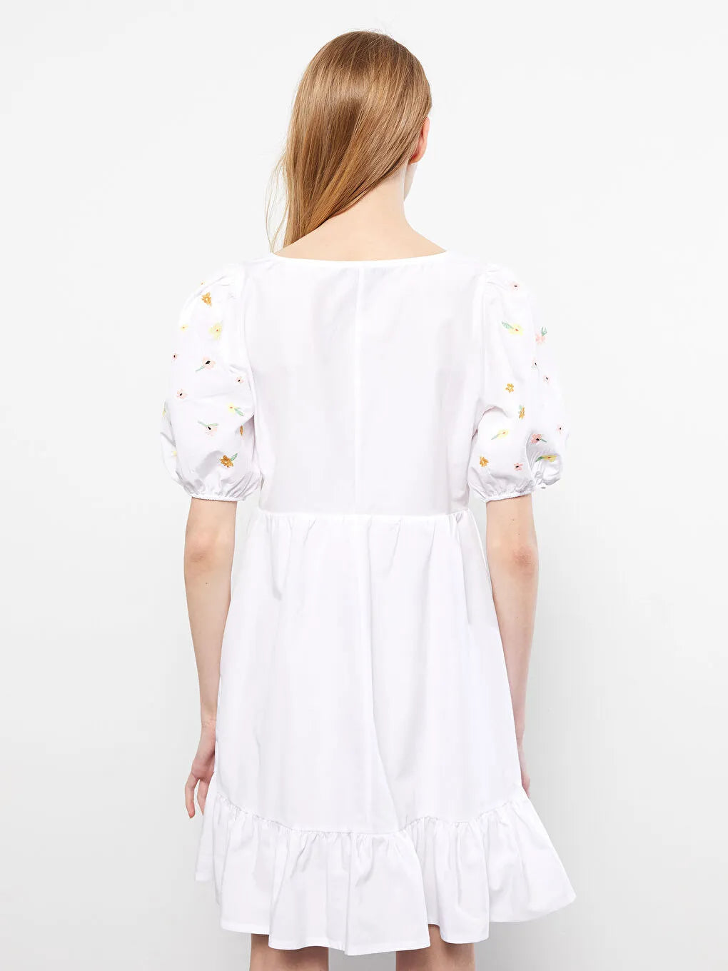 WHITE MINI DRESS WITH EMBROIDED FLOWERS BALLOON SLEEVES