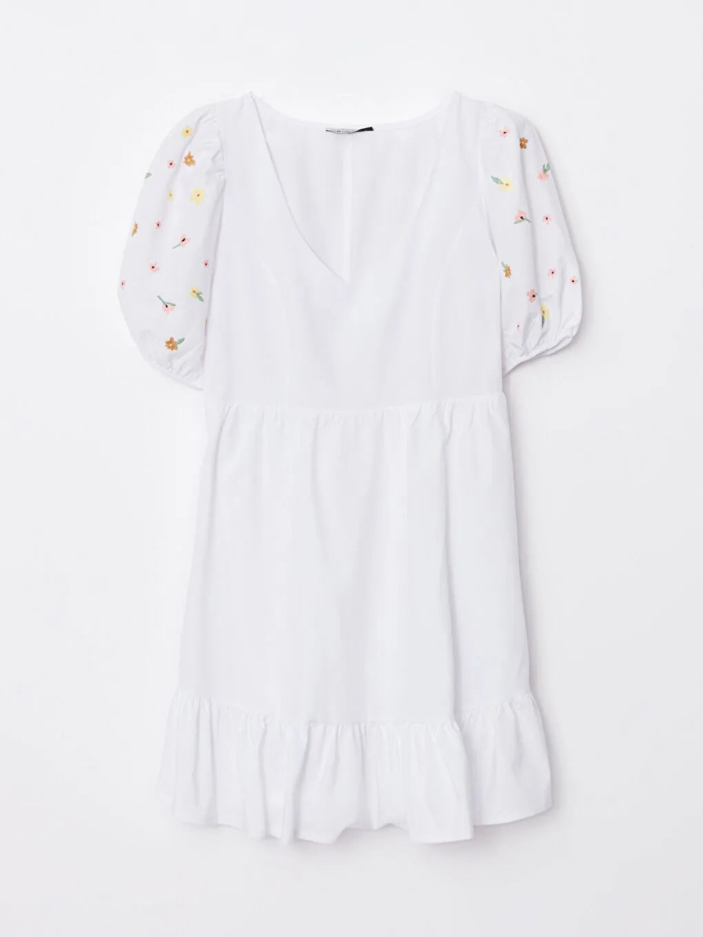 WHITE MINI DRESS WITH EMBROIDED FLOWERS BALLOON SLEEVES