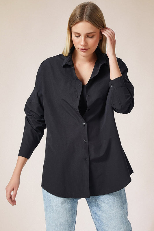 HAPPINESS IST OVERSIZED BUTTON SHIRT - BLACK