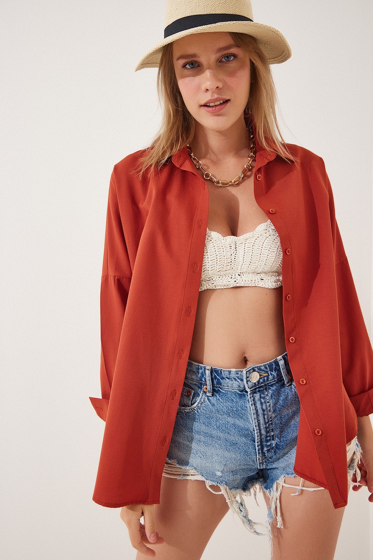 HAPPINESS IST OVERSIZED BUTTON SHIRT - BURNT RED