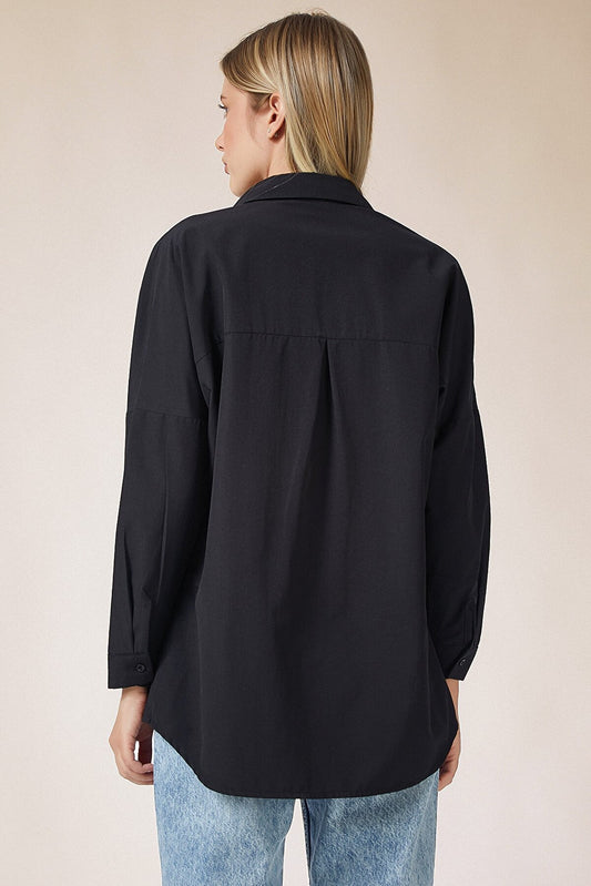 HAPPINESS IST OVERSIZED BUTTON SHIRT - BLACK