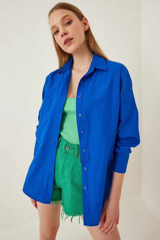 HAPPINESS IST OVERSIZED BUTTON SHIRT - BRIGHT BLUE