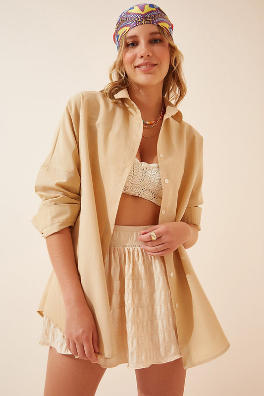 HAPPINESS IST OVERSIZED BUTTON SHIRT - BISCUIT BEIGE