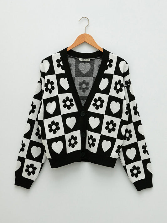 V NECK HEARTS AND FLOWER SQUARES CARDIGAN