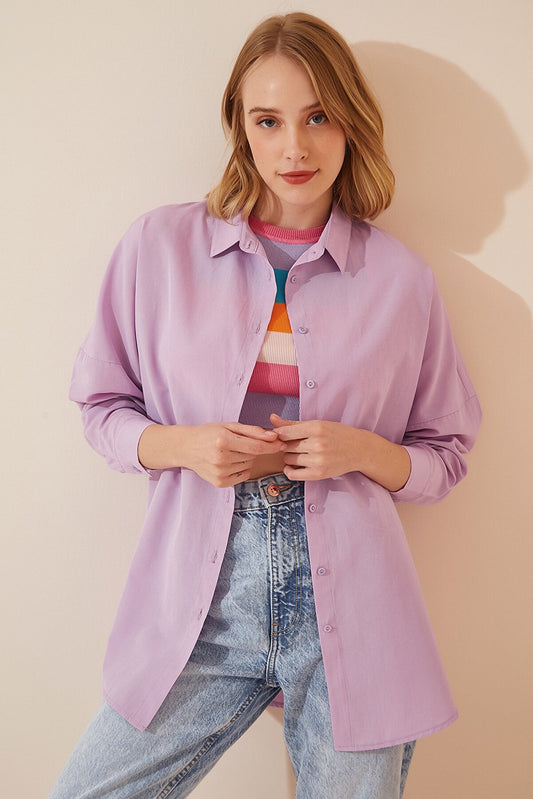HAPPINESS IST OVERSIZED BUTTON SHIRT - LIGHT LILAC