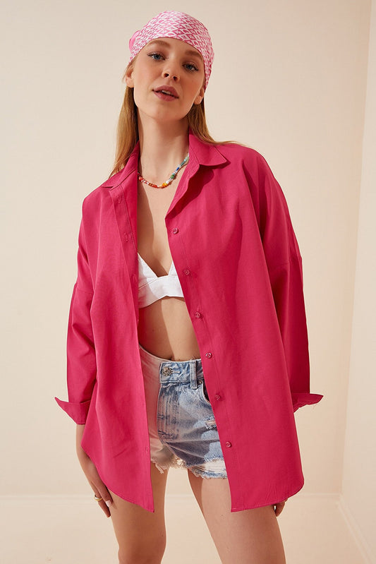 HAPPINESS IST OVERSIZED BUTTON SHIRT - HOT PINK