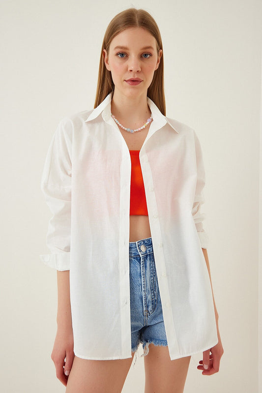HAPPINESS IST OVERSIZED BUTTON SHIRT - WHITE