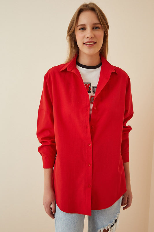 HAPPINESS IST OVERSIZED BUTTON SHIRT - RED