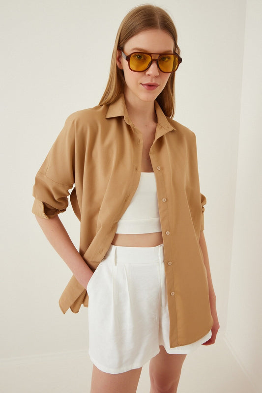 HAPPINESS IST OVERSIZED BUTTON SHIRT - CAMEL BROWN
