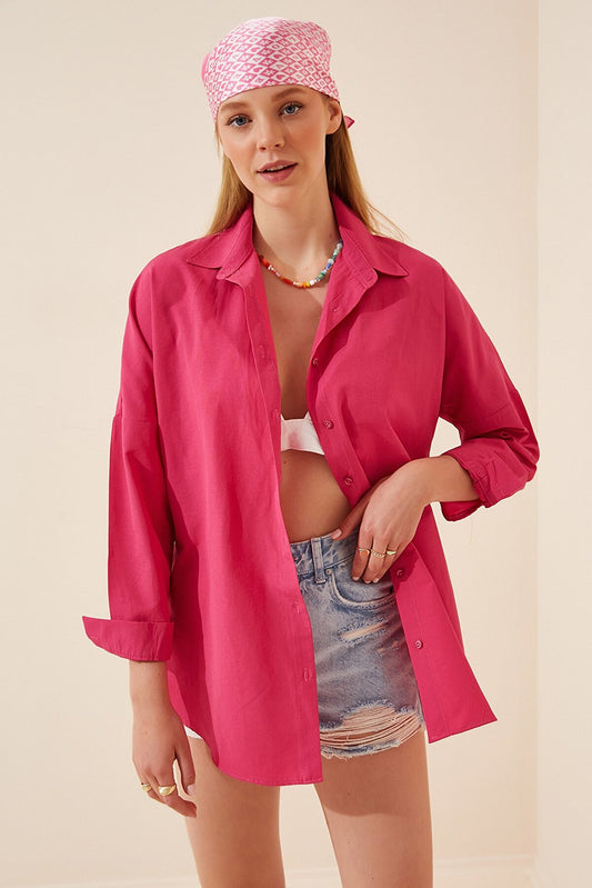 HAPPINESS IST OVERSIZED BUTTON SHIRT - HOT PINK