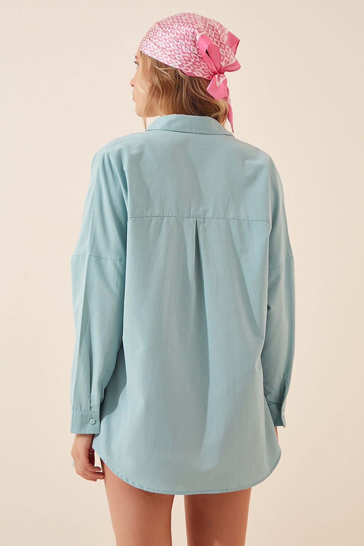 HAPPINESS IST OVERSIZED BUTTON SHIRT - PASTEL BLUE