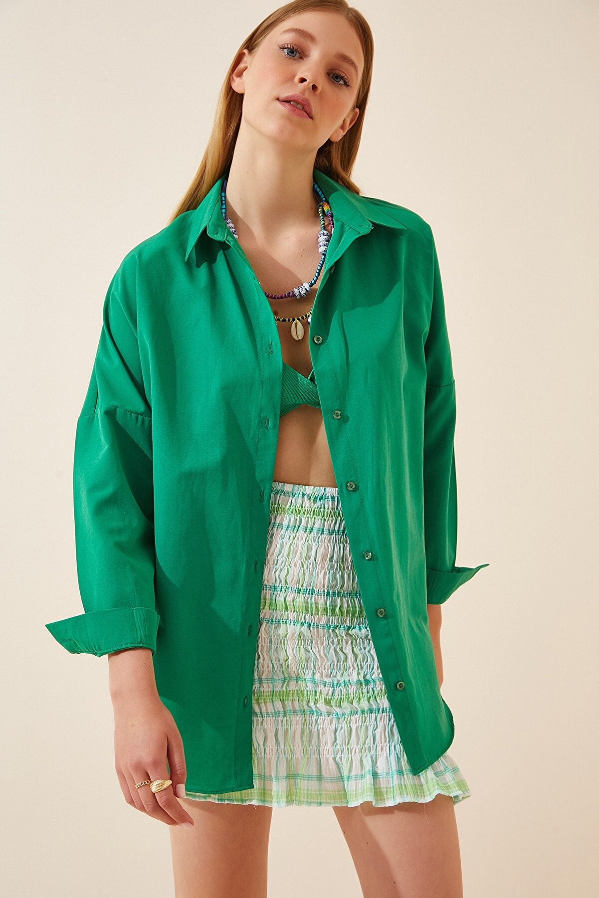 HAPPINESS IST OVERSIZED BUTTON SHIRT - BRIGHT GREEN