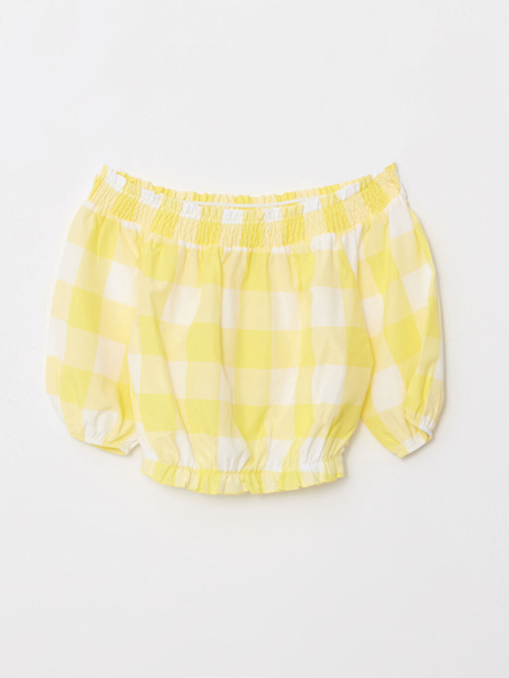 PLAID YELLOW AND WHITE ELASTIC CROP BLOUSE