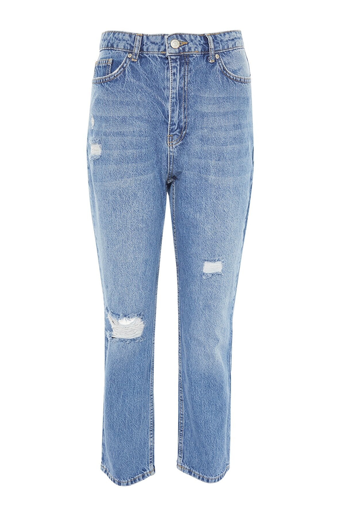 HIGH WAISTED BLUE RIPPED STRAIGHT JEANS