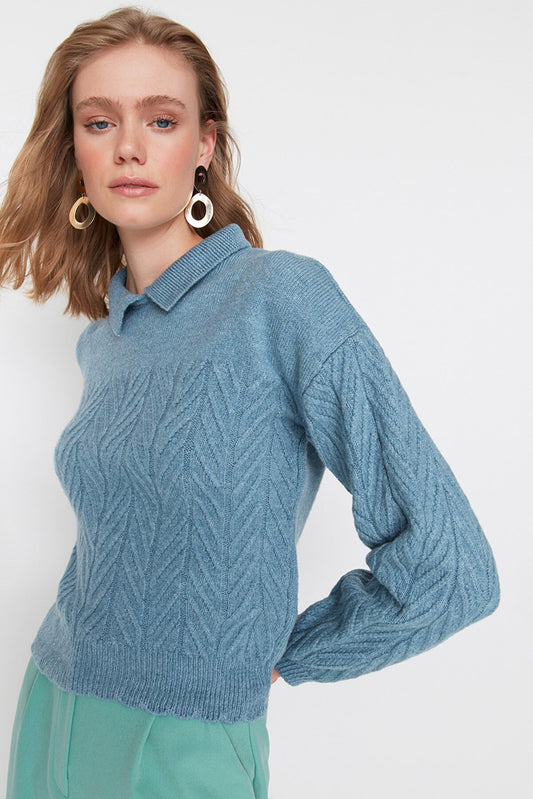 PATTERNED LEAVES ON BLUE POLO NECK SWEATER