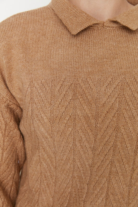 PATTERNED LEAVES ON CAMEL BROWN POLO NECK SWEATER